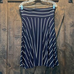 Navy blue and white striped midi skirt